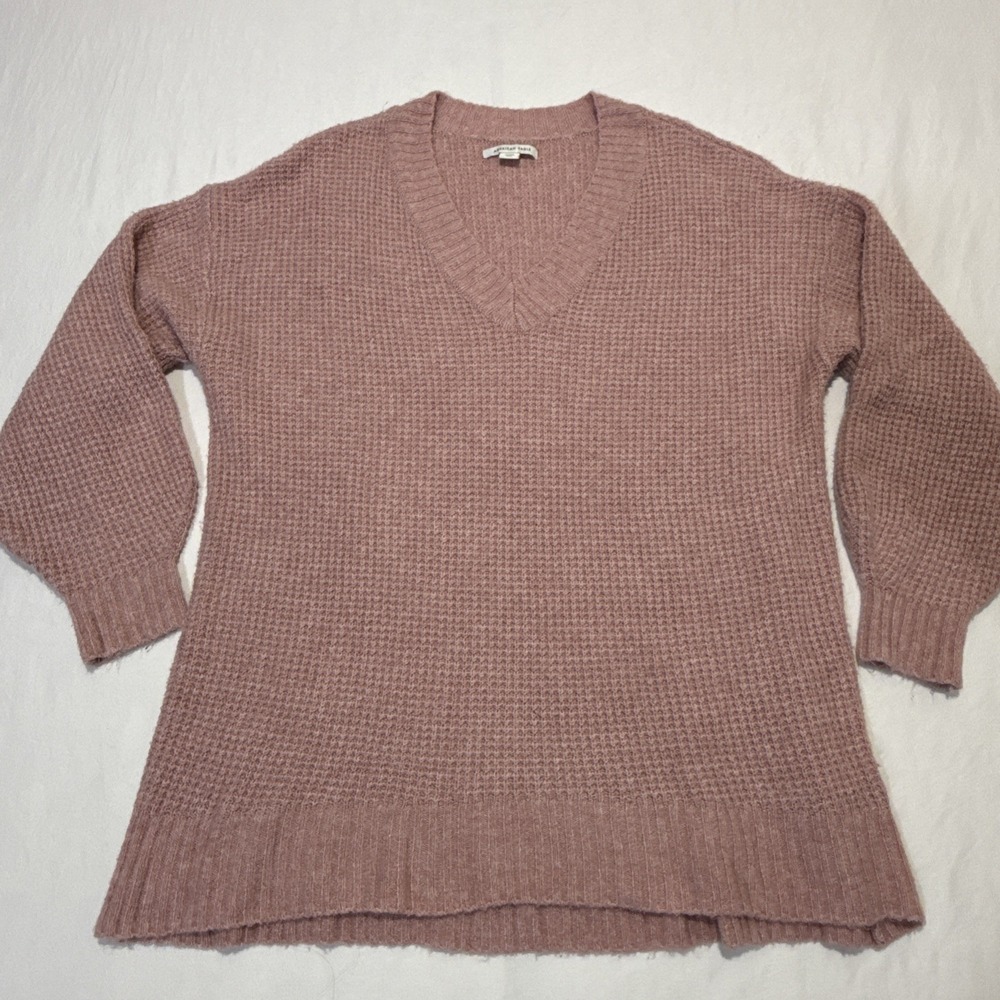 American Eagle Women's Small Dusty Rose V Neck Waffle Knit Sweater - Picture 2 of 8